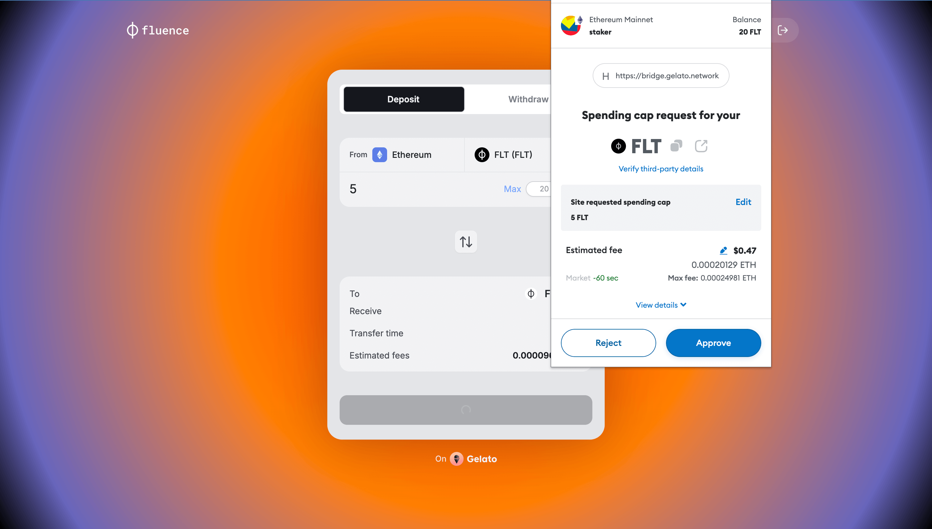 The view of the wallet window asking to allow the bridge app to spend the tokens