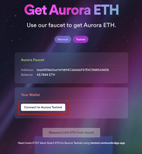 Connect MetaMask to Aurora Faucet