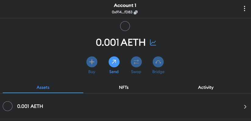 MetaMask wallet with AETH balance